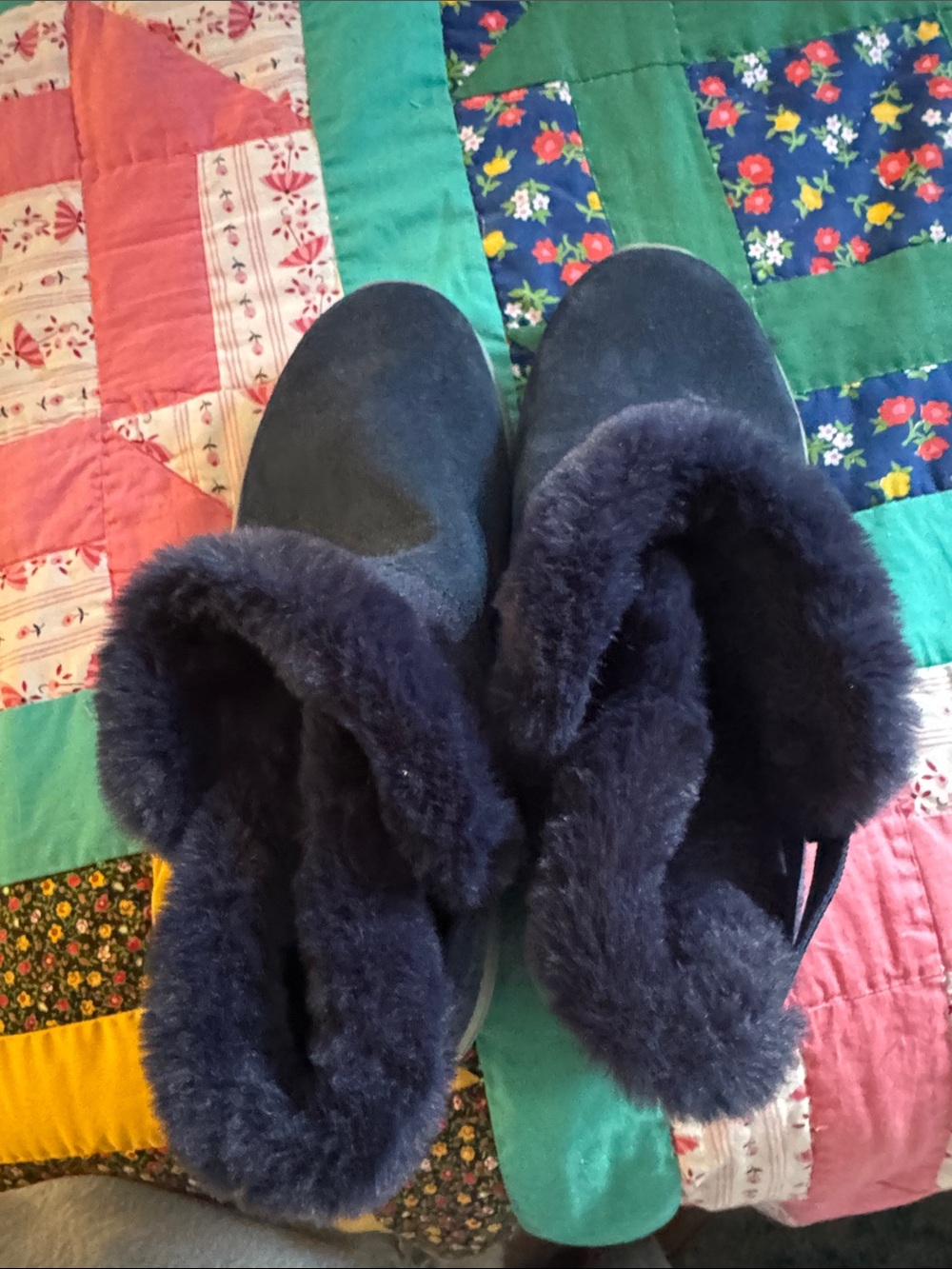 Skechers Navy Plush Faux-Fur Ankle Slippers